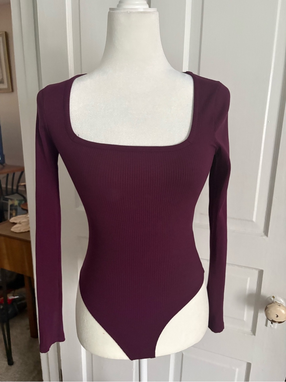 Fashion Nova Ribbed Long Sleeve Square Neck Bodysuit in Plum